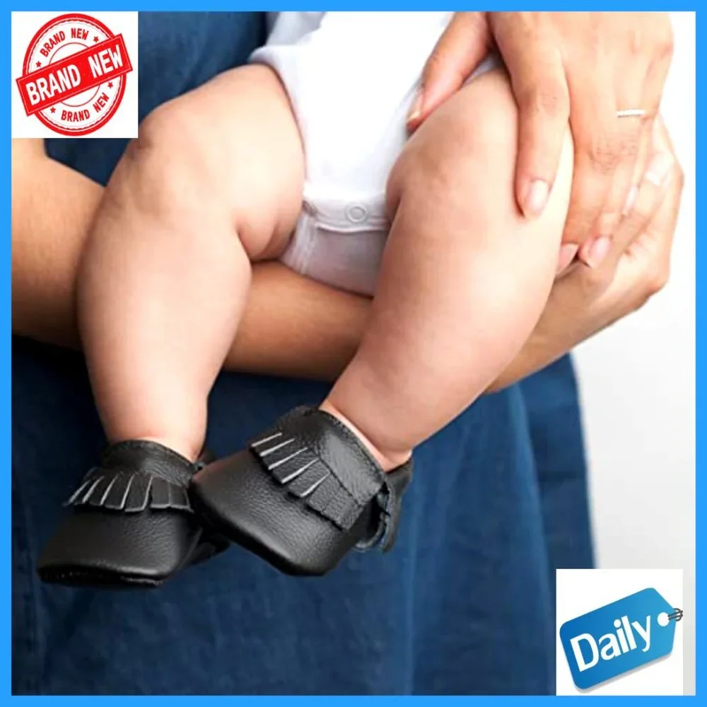Genuine Leather Baby Mocc with Elastic Ankle Strap, Tassel Detail